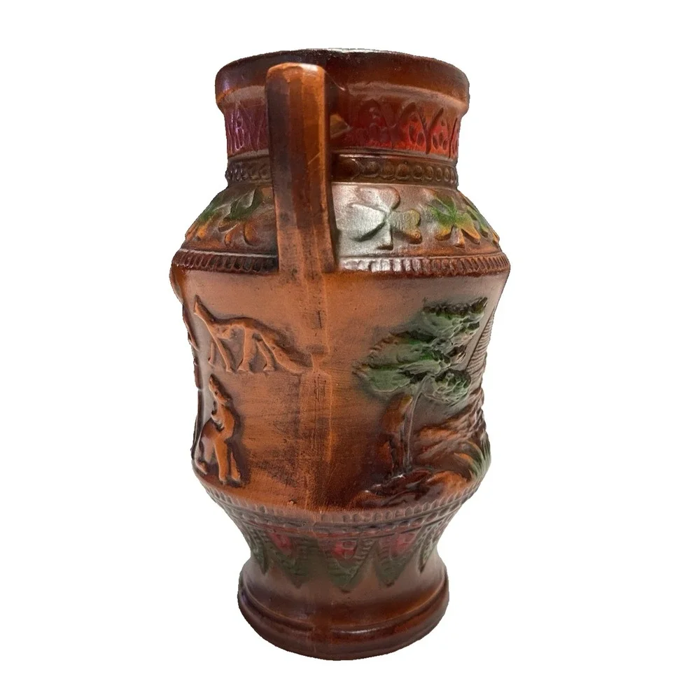 Vintage Norleans Rust Egyptian Design Double Handle Vase Japan Ceramic‎ 7